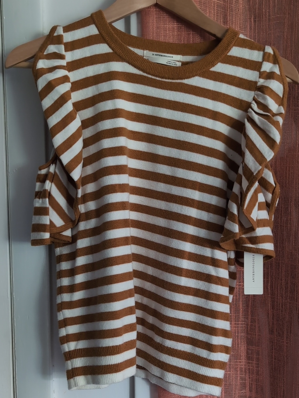 Anthropologie Striped Cold-Shoulder Sweater in Camel and White